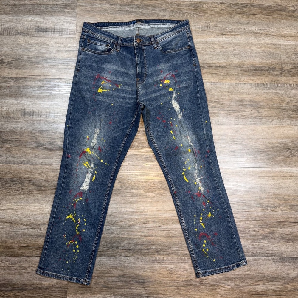Regal Exchange Jeans Mens 38x30 Paint Splat Ripped Jeans Stylish Fashion Casual